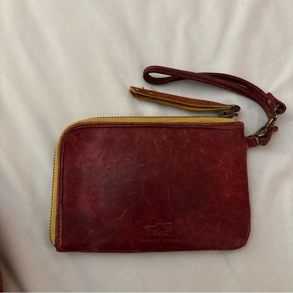 Fossil Lot Red Soft Glove Leather  Shoulder Bag Satchel Wristlet Wallet Purse - Picture 7 of 8